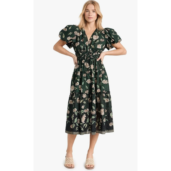 NEW! Ulla Johnson 2 Eloisa Puff Shoulder Midi Dress Floral Cotton Forest Green - Picture 1 of 13